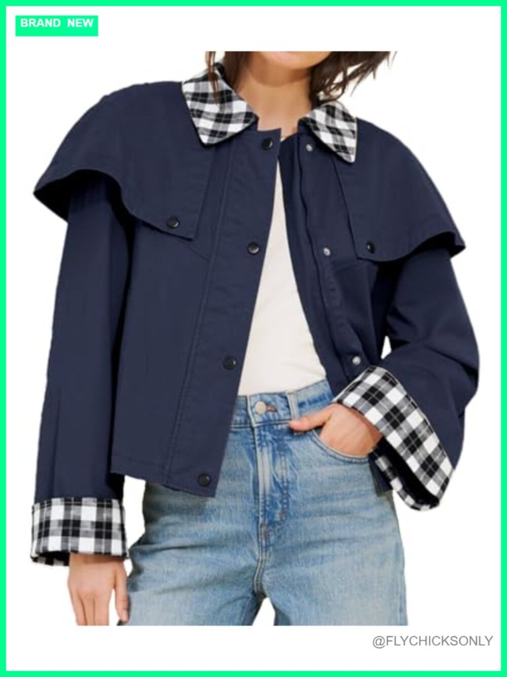Womens Cropped Trench Coat Lightweight Gingham Cape Jacket